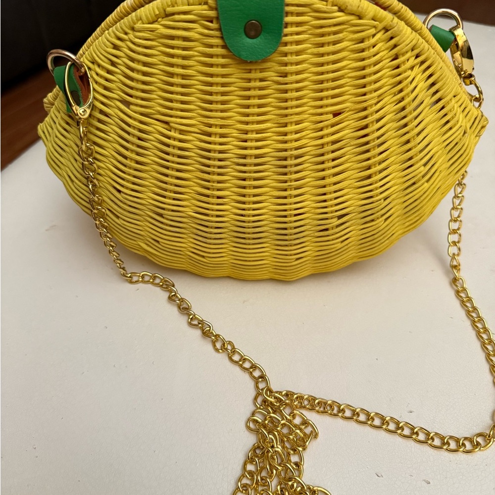 Anthropologie Yellow Woven Crossbody  small size Bag with Gold Chain